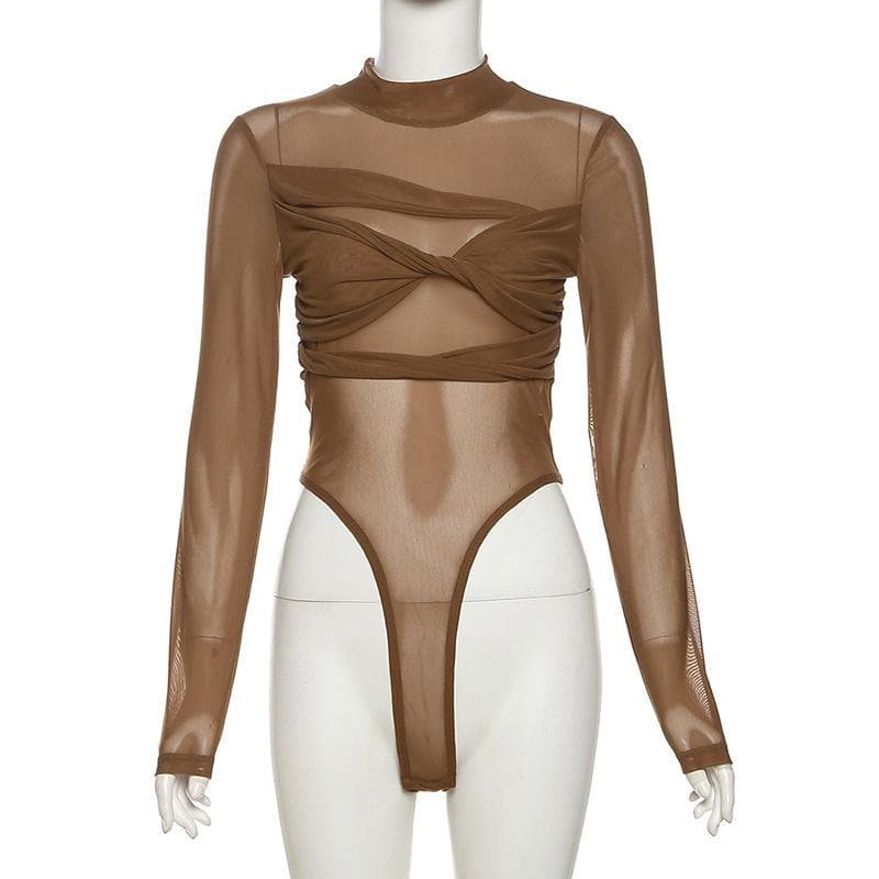 Long sleeve high neck mesh ruched bodysuit