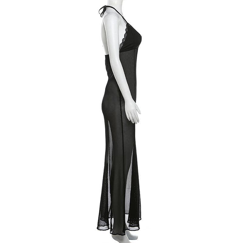 Halter v neck lace hem mesh see through stitch maxi dress- Final Sale