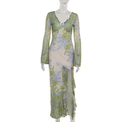 Long flared sleeve ruffle irregular slit print midi dress