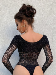 Long sleeve net rhinestone backless bodysuit