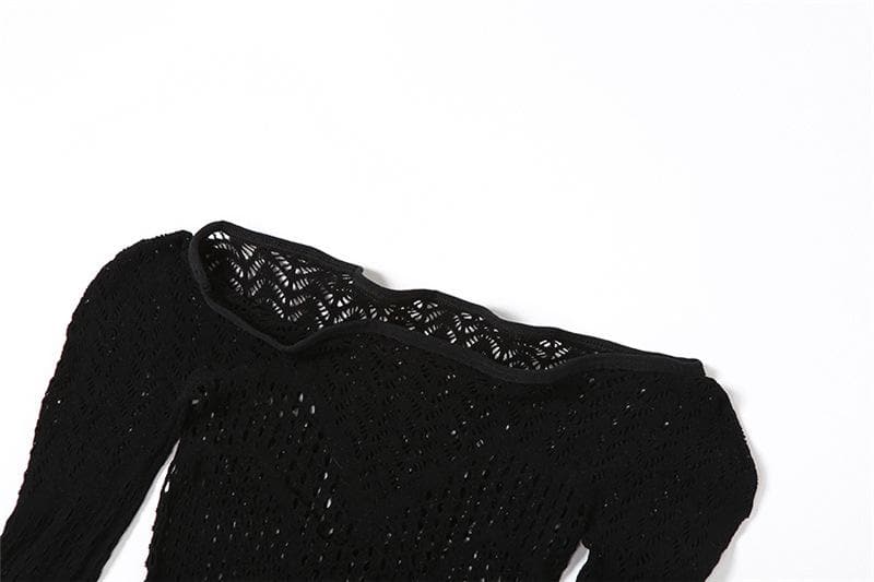 Long sleeve hollow out solid fishnet see through jumpsuit - Final Sale