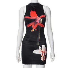 High neck sleeveless flower print mini skirt set