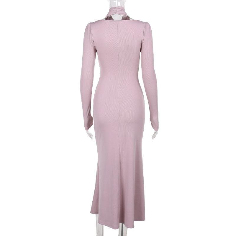 Long sleeve halter faux pearl applique ruched midi dress