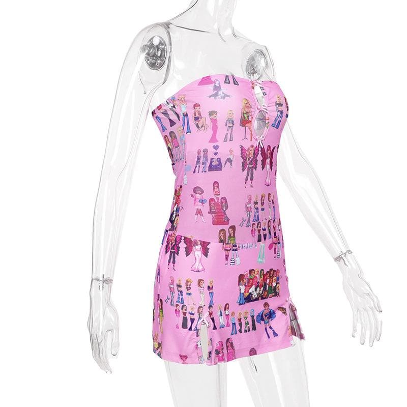 Hollow out bowknot print slit tube cut out mini dress