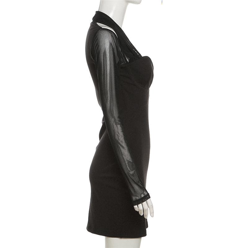 Long sleeve halter mesh patchwork solid mini dress