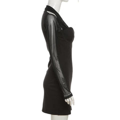 Long sleeve halter mesh patchwork solid mini dress