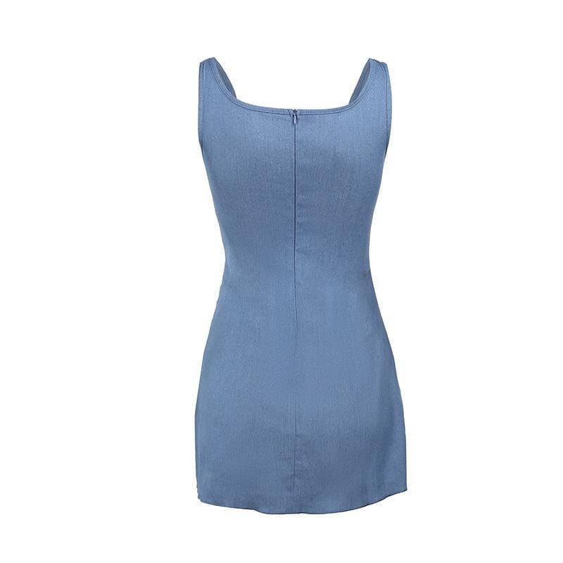 High slit bustier denim flower applique mini dress