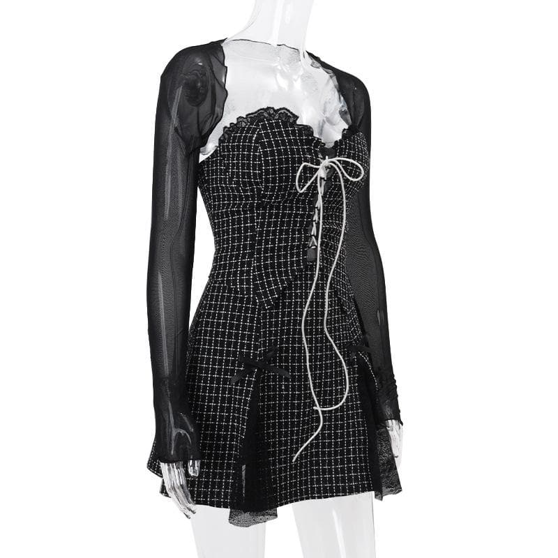 Long sleeve mesh plaid bowknot lace up shrug 2 piece mini dress