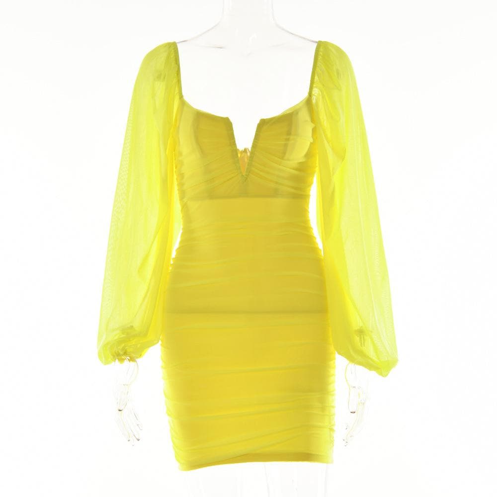 Mesh solid long sleeve ruched notch neck zip-up mini dress