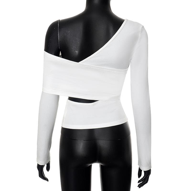 Long sleeve one shoulder hollow out solid irregular backless cut out top