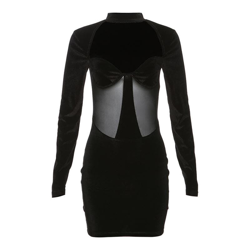 Long sleeve high neck velvet patchwork mesh mini dress