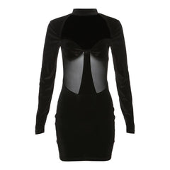 Long sleeve high neck velvet patchwork mesh mini dress