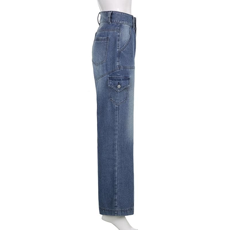 High rise straight leg button gradient pocket jeans