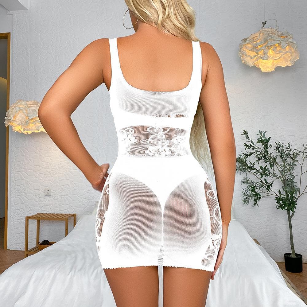 Hollow out rose lace mesh patchwork cami cut out mini dress