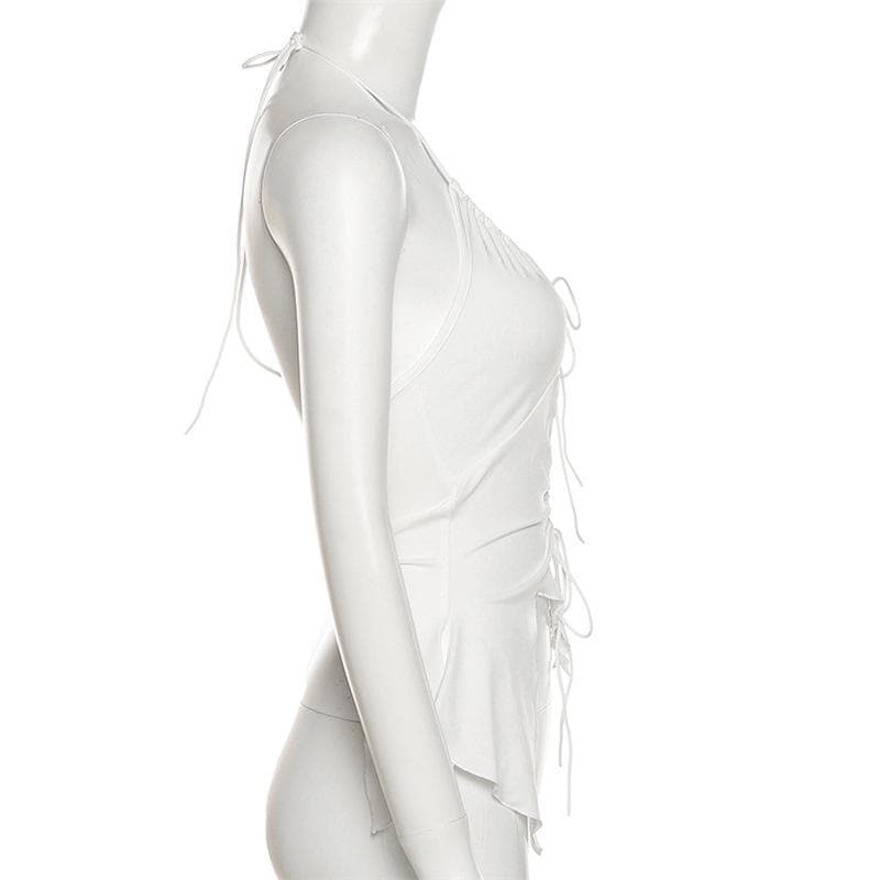 Hollow out ruched halter ruffled tie front cut out top