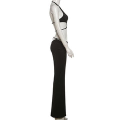 Halter hollow out solid backless pant set