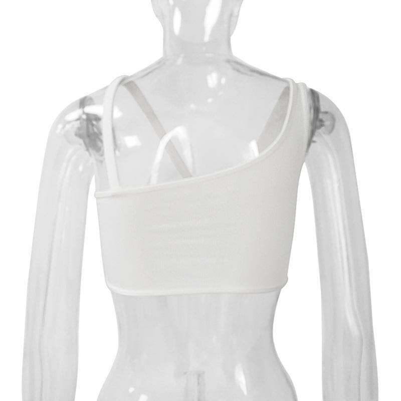 Hollow out o ring one shoulder backless ruched ribbed crop cut out top