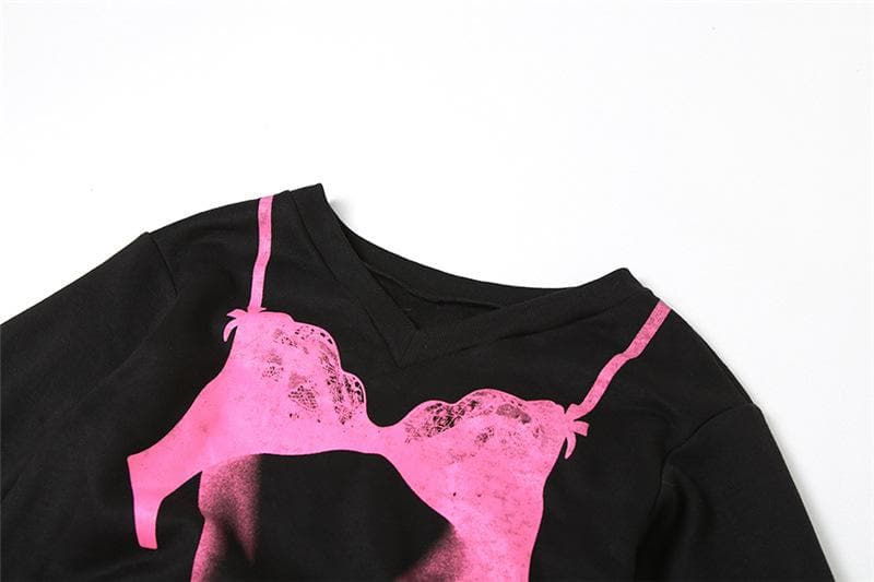 Body print contrast long sleeve v neck top - Final Sale