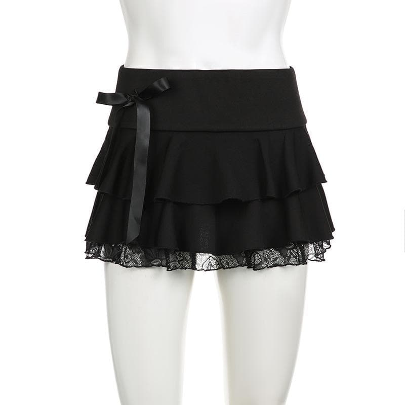 Bowknot solid ruffle lace hem low rise mini skirt