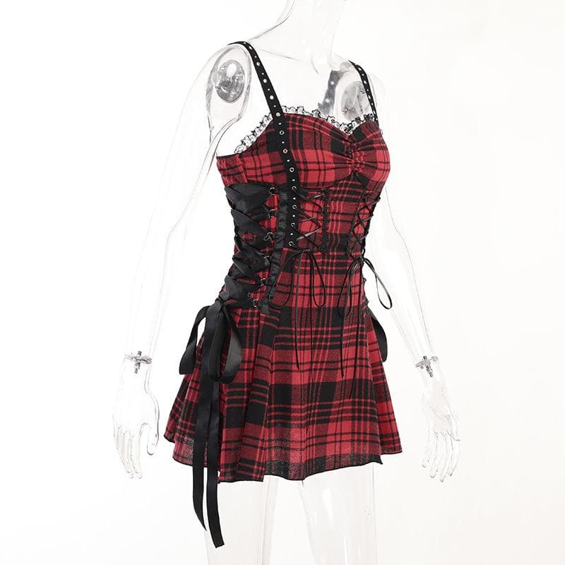 Backless ruched lace hem plaid lace up zip-up mini dress | victorian gothic dresses