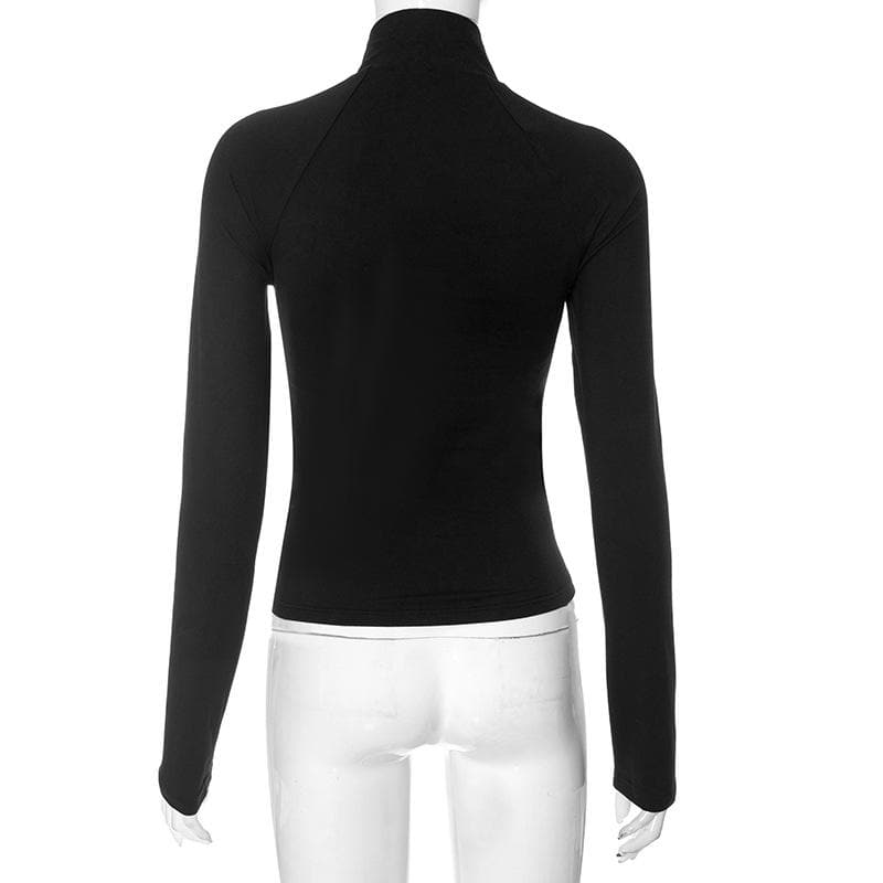 Long sleeve high neck stitch zip-up contrast top