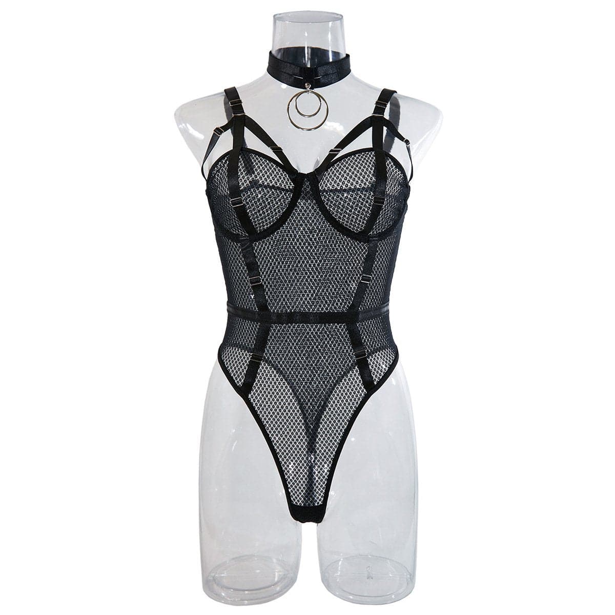 Halter strappy o ring fishnet bodysuit with choker