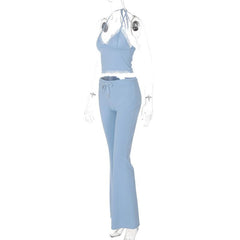 Halter v neck drawstring ruched lace hem pant set
