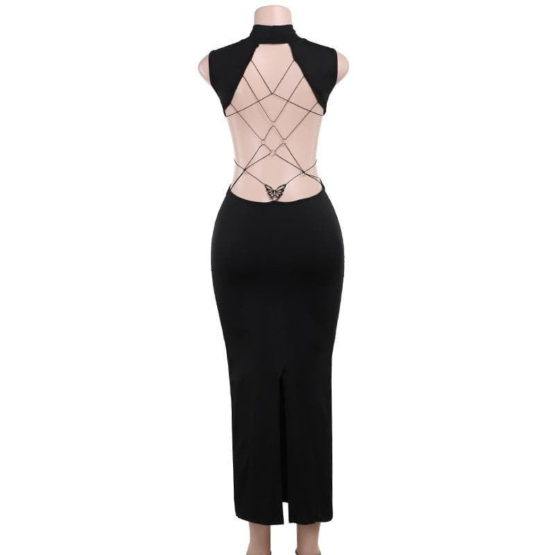 High neck o ring butterfly applique backless slit midi dress