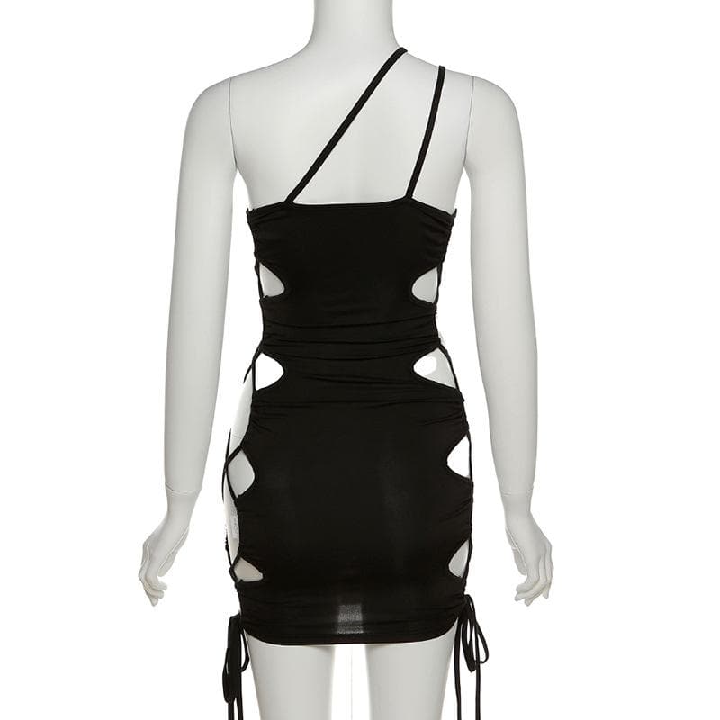 Hollow out one shoulder lace up drawstring low cut cut out mini dress
