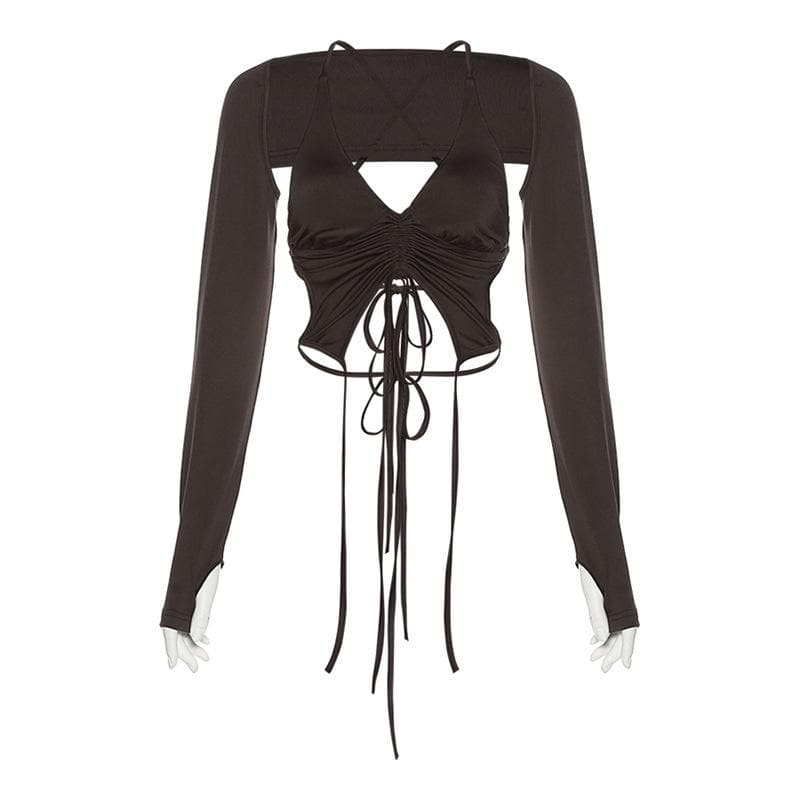 Long sleeves V neck halter ruched solid 2 piece top
