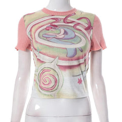 Abstract short sleeve crewneck contrast patchwork top