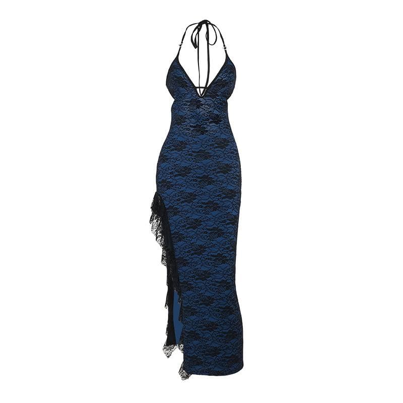 Halter v neck lace hem slit print midi dress