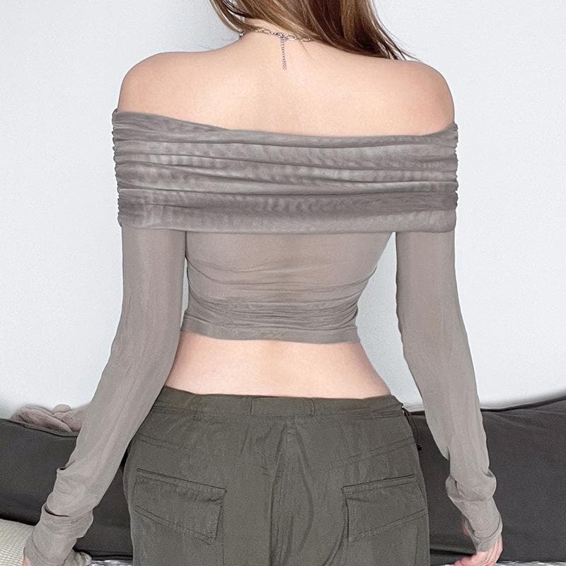 Mesh cross front off shoulder long sleeve ruched crop top