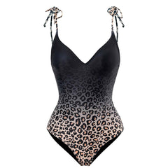 Leopard print self tie backless v neck gradient one piece swimwear