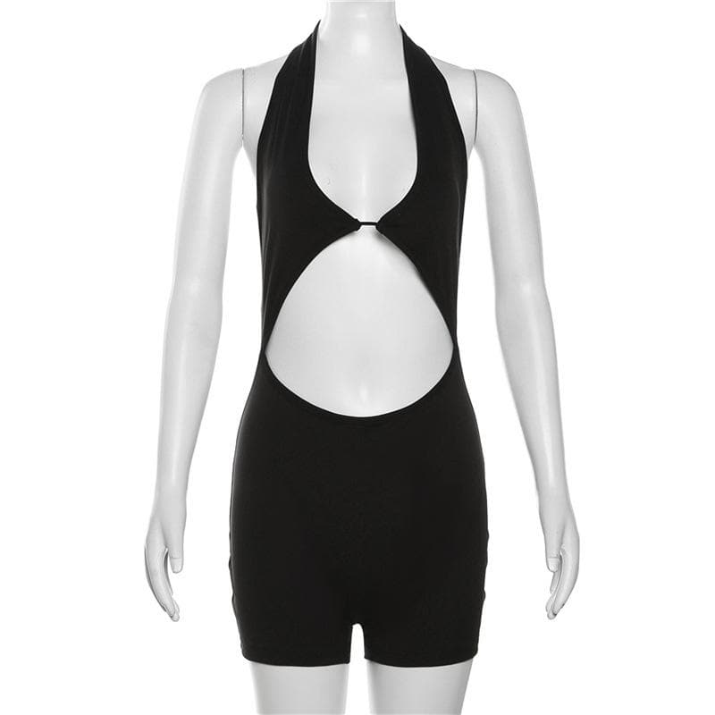Halter solid v neck hollow out backless romper