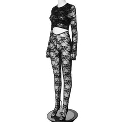 Long sleeve crewneck lace see through zip-up jumpsuit