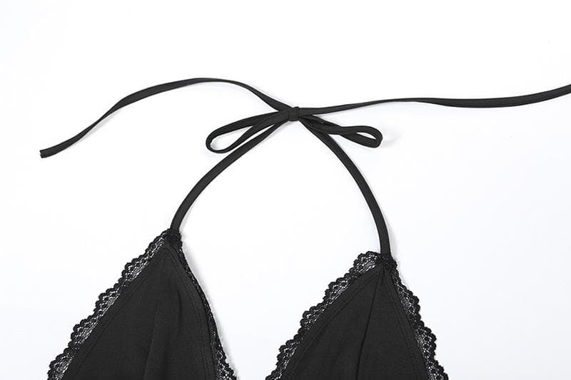 Halter v neck lace hem mesh see through stitch maxi dress- Final Sale