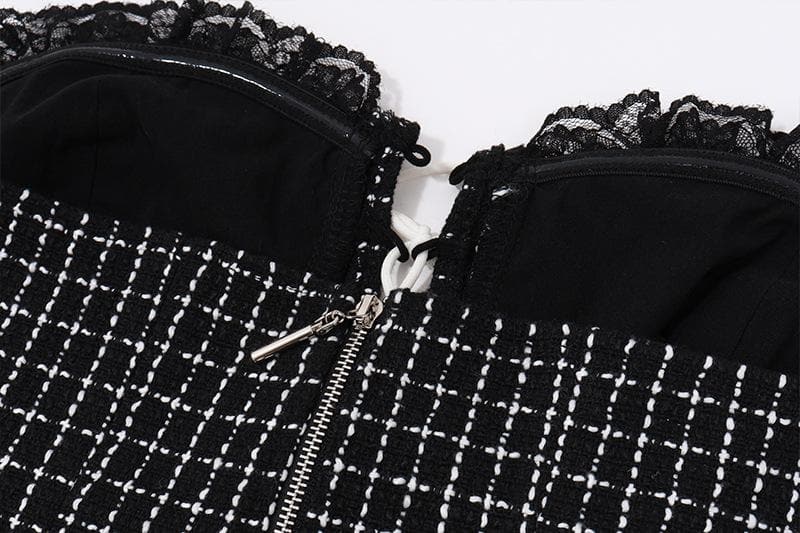 Long sleeve mesh plaid bowknot lace up shrug 2 piece mini dress
