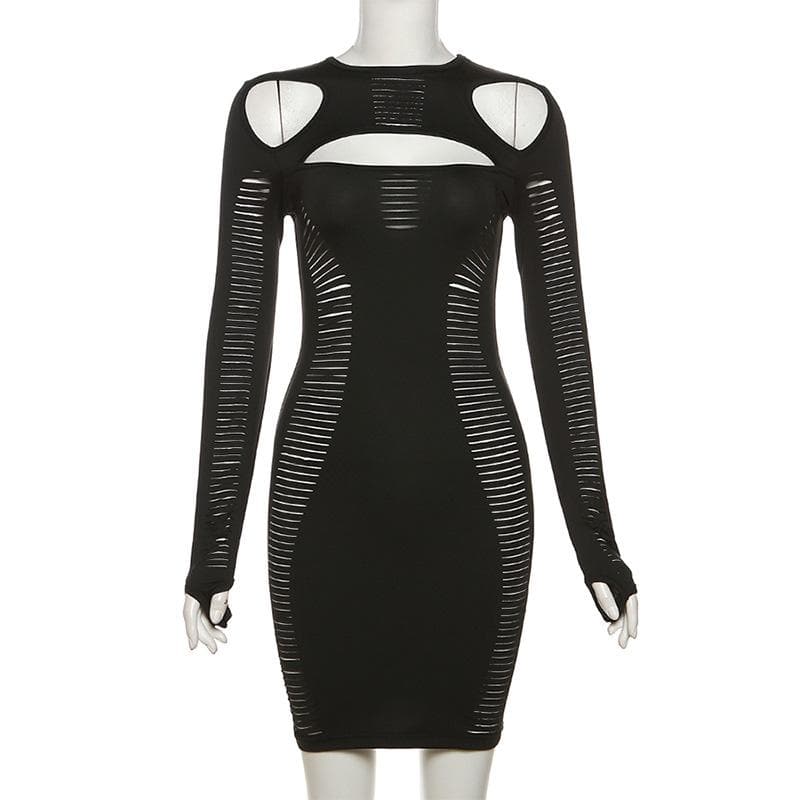 Hollow out long sleeve gloves solid crewneck cut out mini dress
