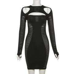 Hollow out long sleeve gloves solid crewneck cut out mini dress