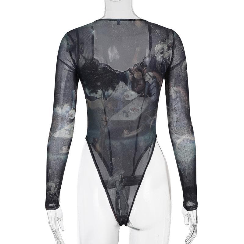 Long sleeve abstract print bowknot bodysuit