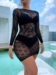 Long sleeve crewneck fishnet pattern mini dress