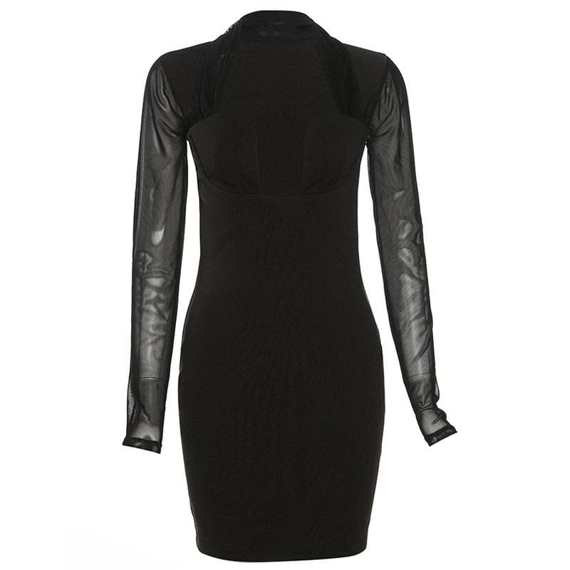 Long sleeve halter mesh patchwork solid mini dress