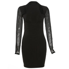 Long sleeve halter mesh patchwork solid mini dress