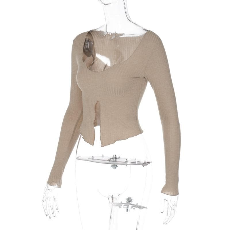 Long sleeve notch neck ruffle solid slit crop top