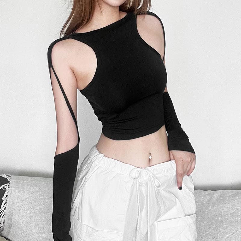 Hollow out solid long sleeve crewneck crop cut out top