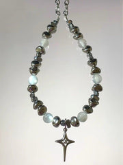 Beaded faux pearl metal chain necklace