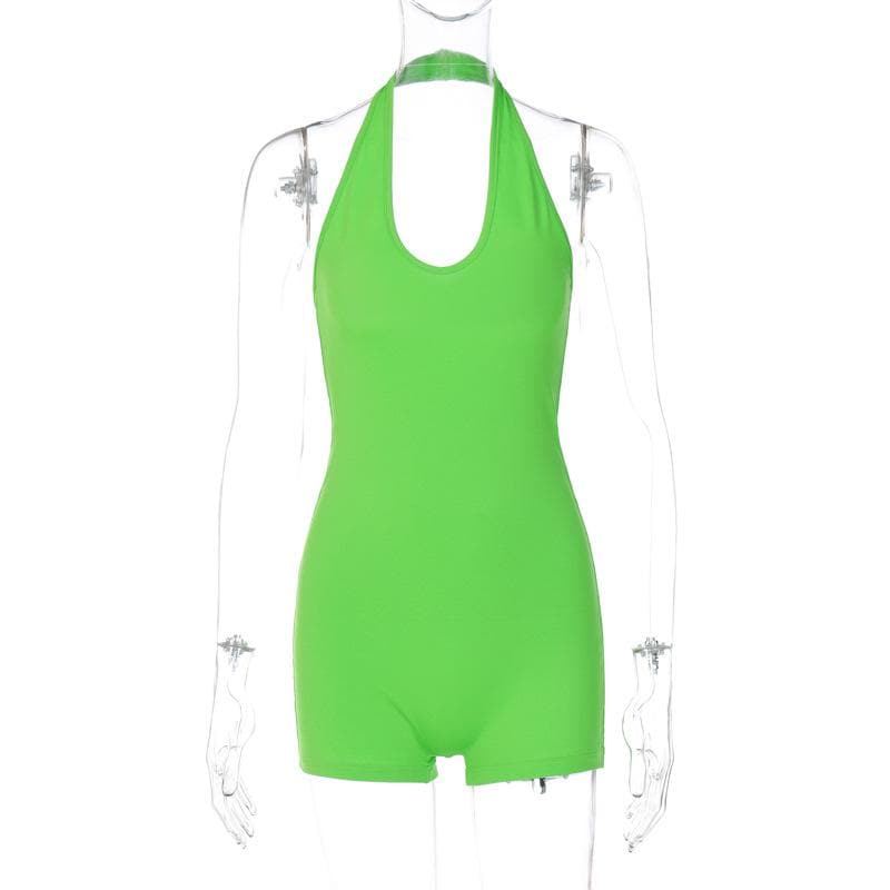 Halter u neck backless solid sleeveless romper