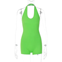 Halter u neck backless solid sleeveless romper