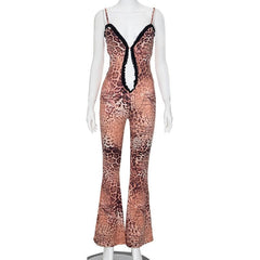 Leopard print lace hem ruffle hollow out cami jumpsuit